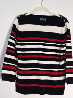 Chaps Classics Sweater Medium Black, Red, White Stripe, Gold Button, Cotton